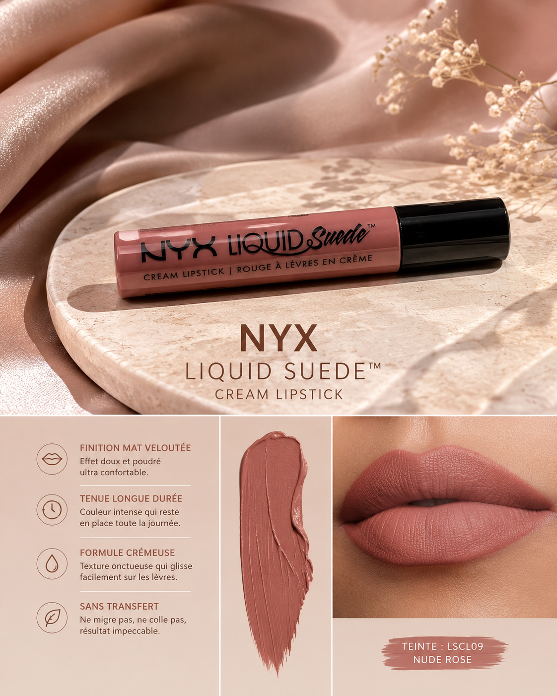 NYX Liquid Suede™ – Rouge à Lèvres en Crème | Teinte LSCL09 Nude Rose