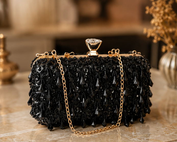 Femme portant une pochette noire ornée de cristaux avec chaîne dorée