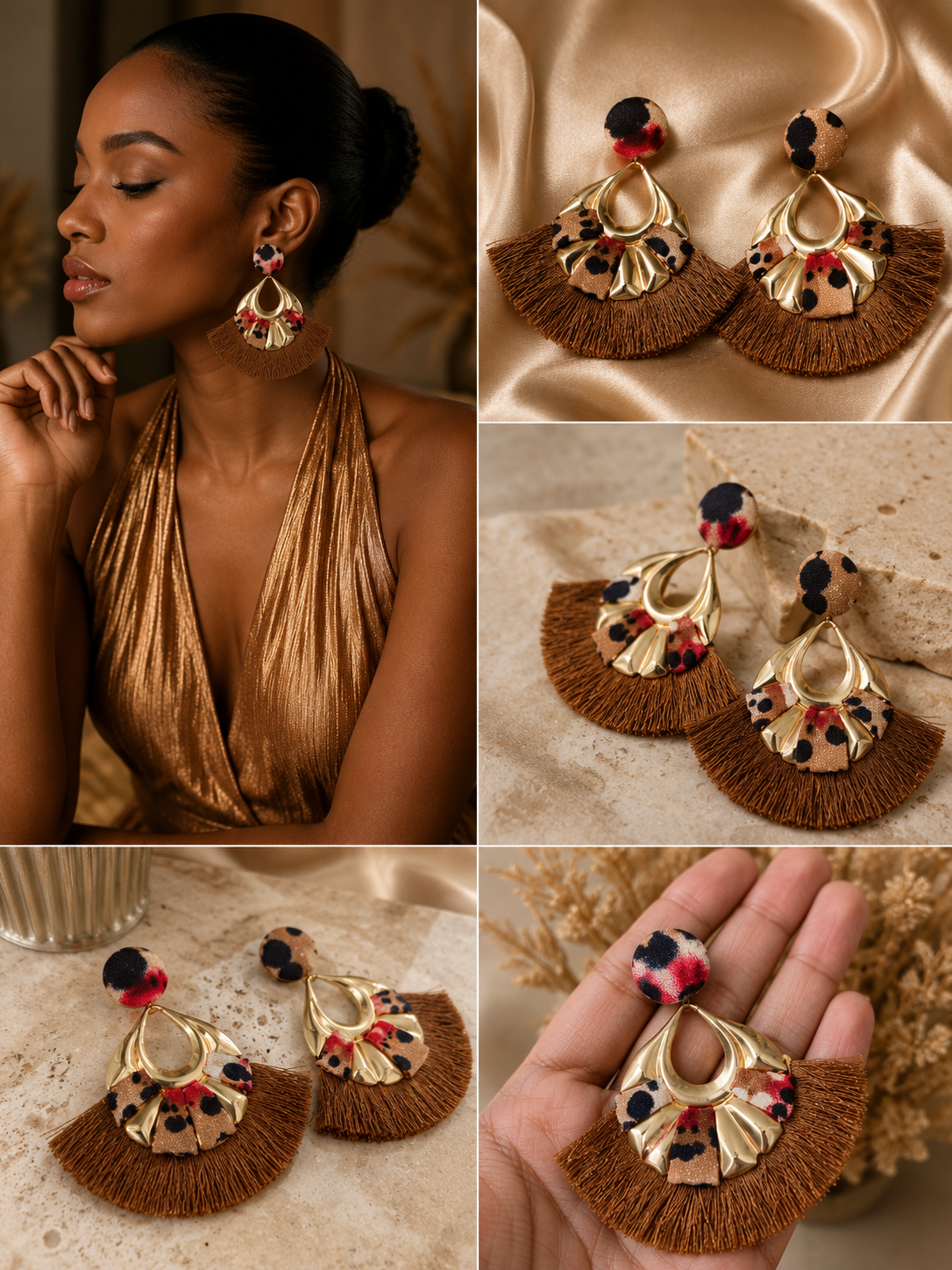 Boucles d'oreilles Franges Savane – Tissu Léopard & Doré