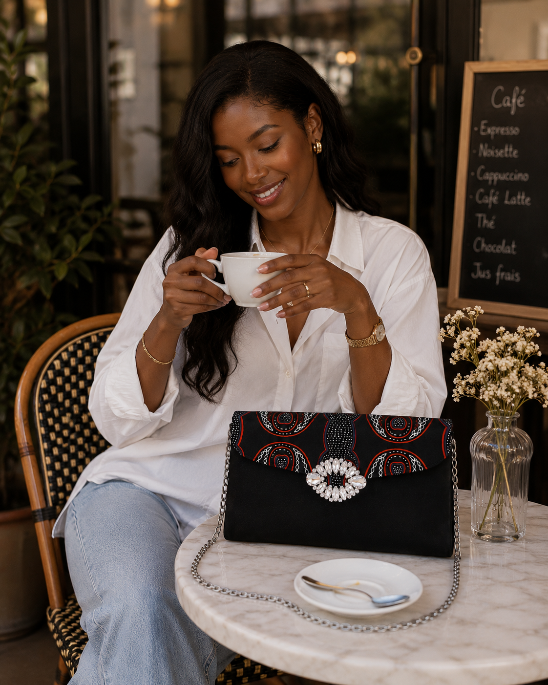 Pochette Wax Noir & Boucle Cristal – Chaîne Argentée