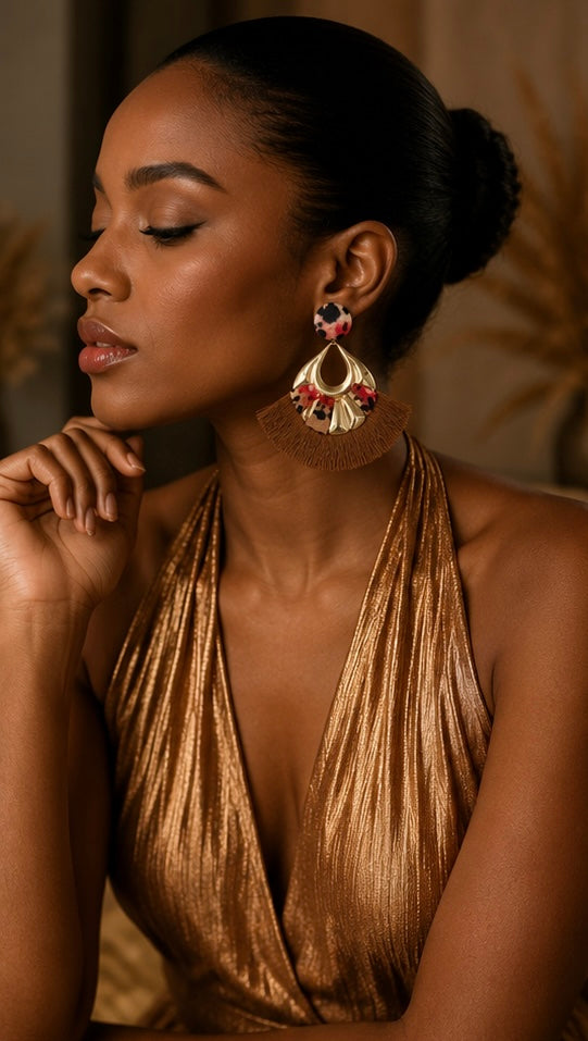 Boucles d'oreilles Franges Savane – Tissu Léopard & Doré