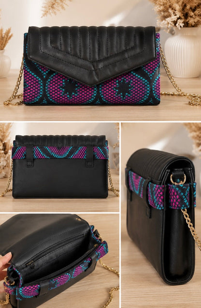 Sac Enveloppe Wax & Cuir Matelassé — Noir & Multicolore