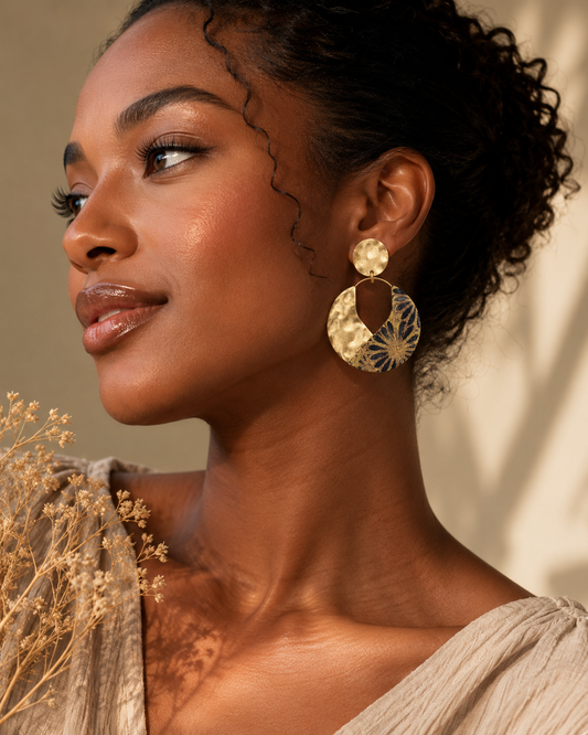Boucles d'oreilles Lune Dorée – Tissu Floral Artisanal