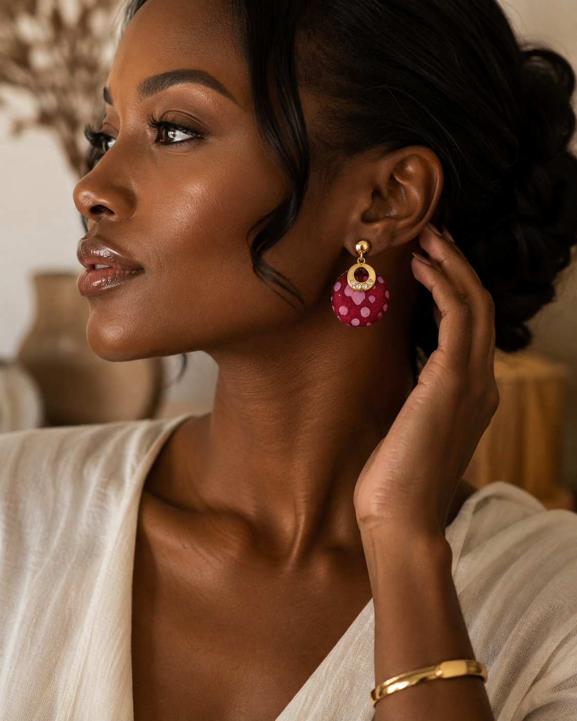 Boucles d'oreilles Wax Bordeaux – Pois Roses & Strass
