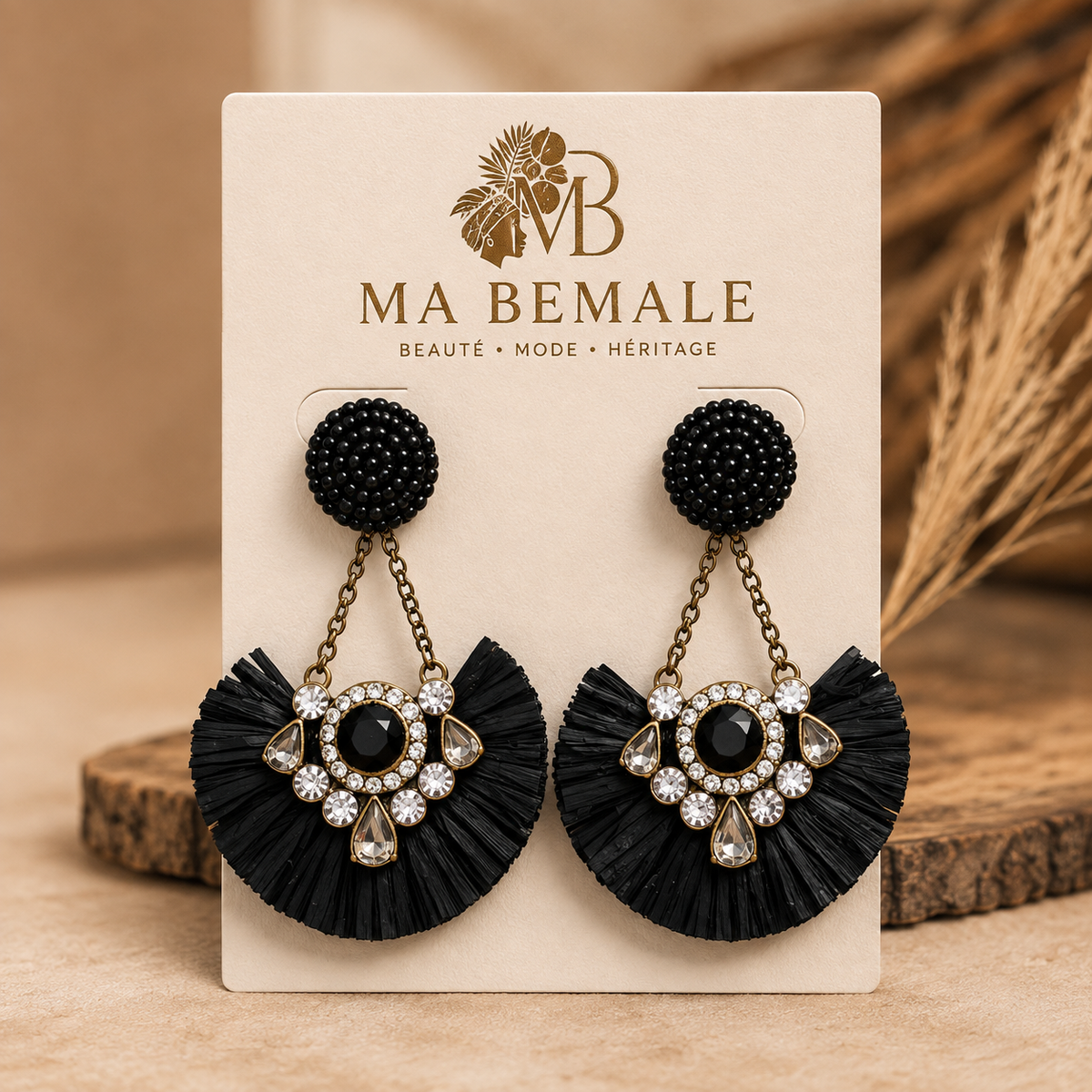Boucles d'oreilles Raffia Noir – Éventail Strass