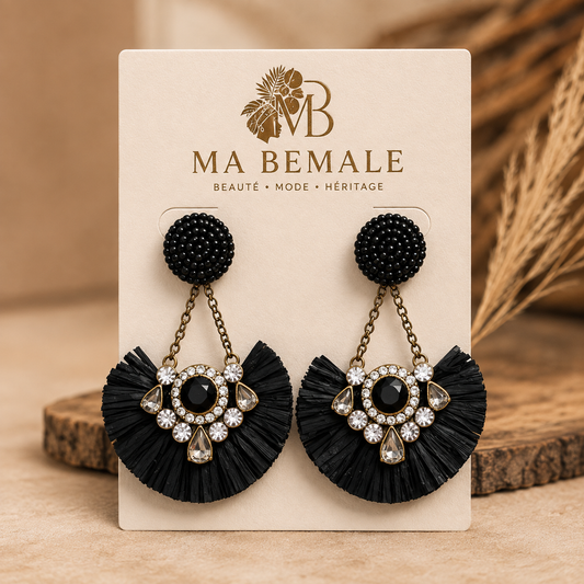 Boucles d'oreilles Raffia Noir – Éventail Strass