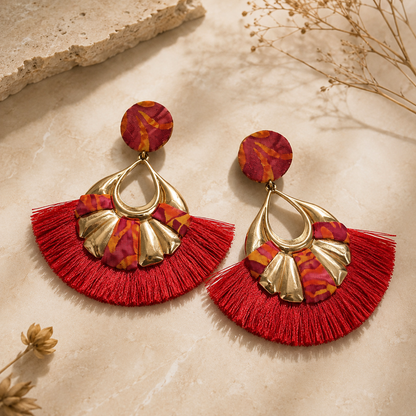 Boucles d'oreilles Franges Rouges – Éventail Doré Wax