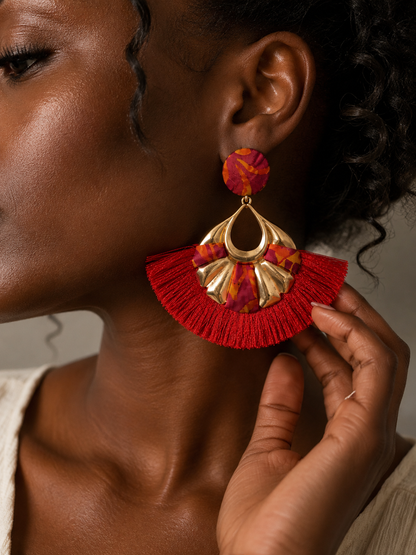 Boucles d'oreilles Franges Rouges – Éventail Doré Wax