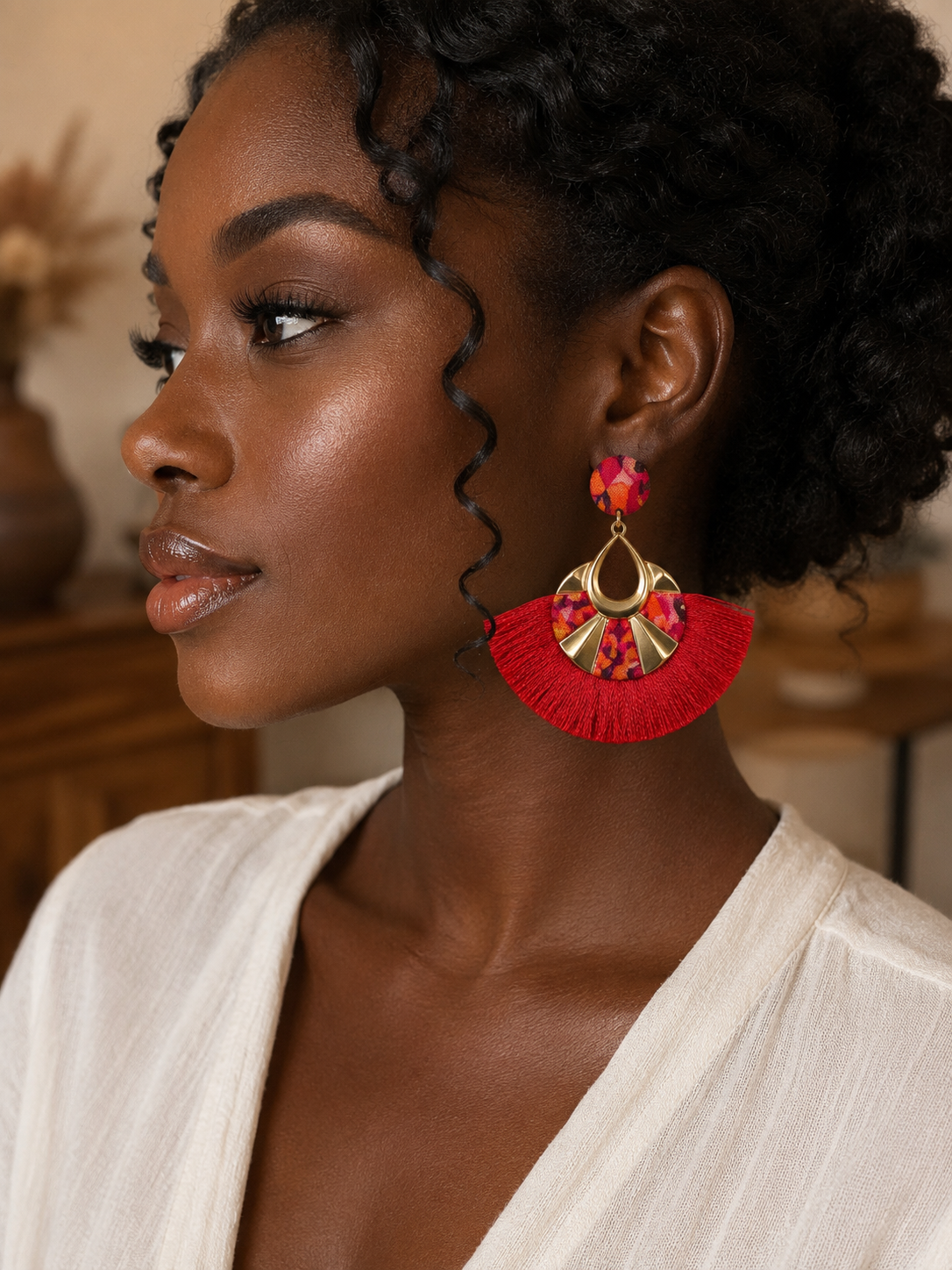 Boucles d'oreilles Franges Rouges – Éventail Doré Wax