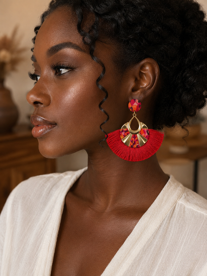 Boucles d'oreilles Franges Rouges – Éventail Doré Wax