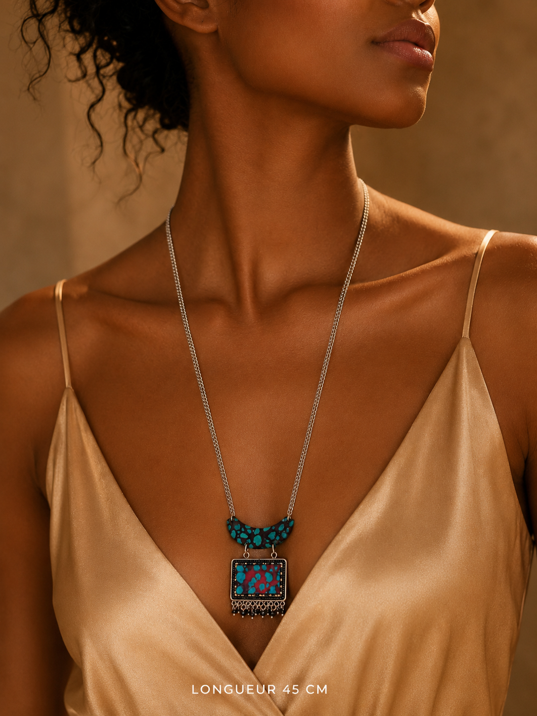 Collier Sautoir Bohème – Pendentif Ethnique Turquoise & Bordeaux | Longueur 45 cm