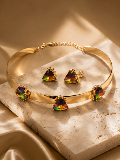 Parure Collier Torque & Boucles d'Oreilles | Cristaux Irisés & Plaqué Or