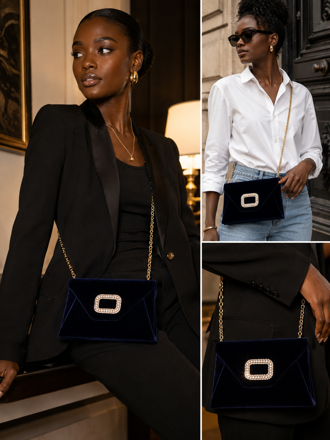 Pochette Enveloppe Velours Marine – Boucle Strass Dorée