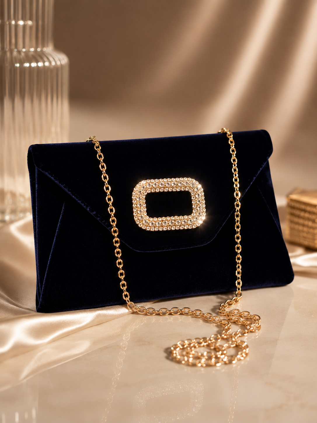 Pochette Enveloppe Velours Marine – Boucle Strass Dorée