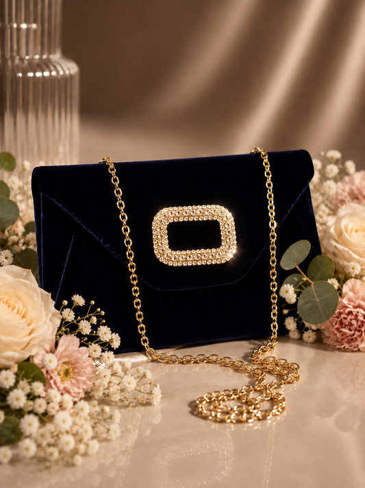 Pochette Enveloppe Velours Marine – Boucle Strass Dorée