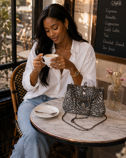 Sac de Soirée Brodé Perles & Métal Gunmetal – Style Vintage Glamour