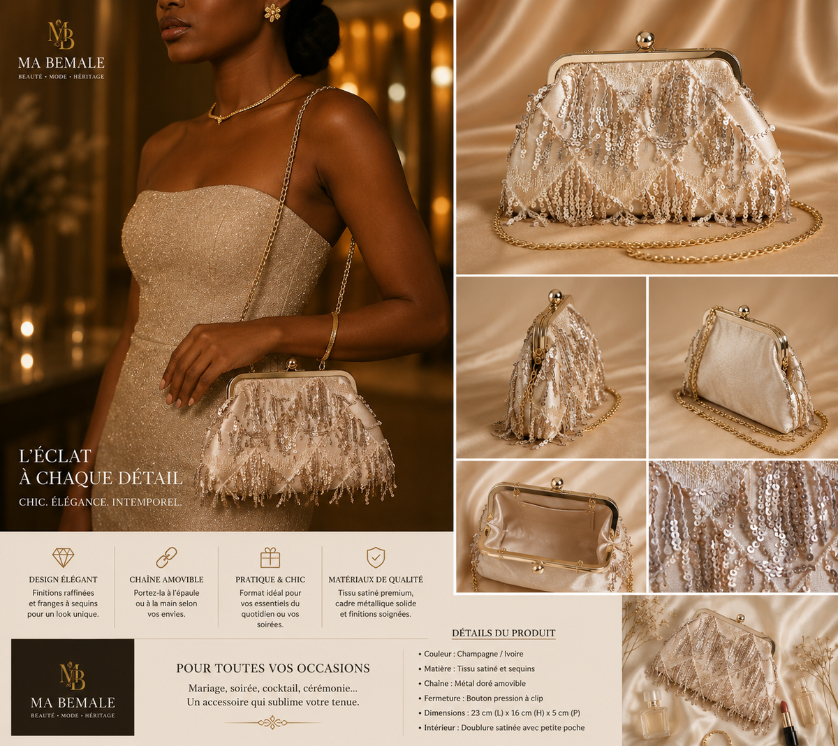 Pochette Soirée Éclat d'Héritage — Champagne & Sequins