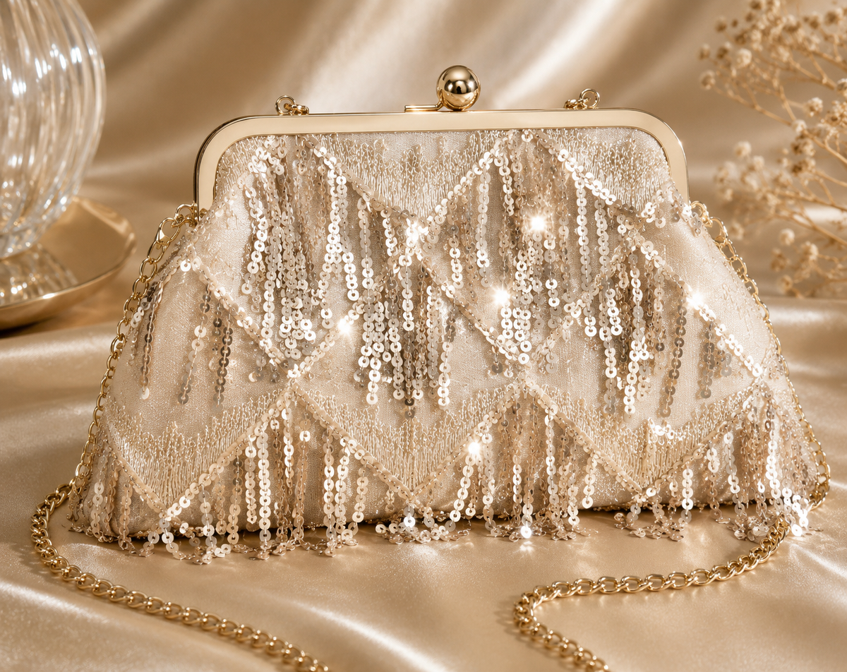 Pochette Soirée Éclat d'Héritage — Champagne & Sequins