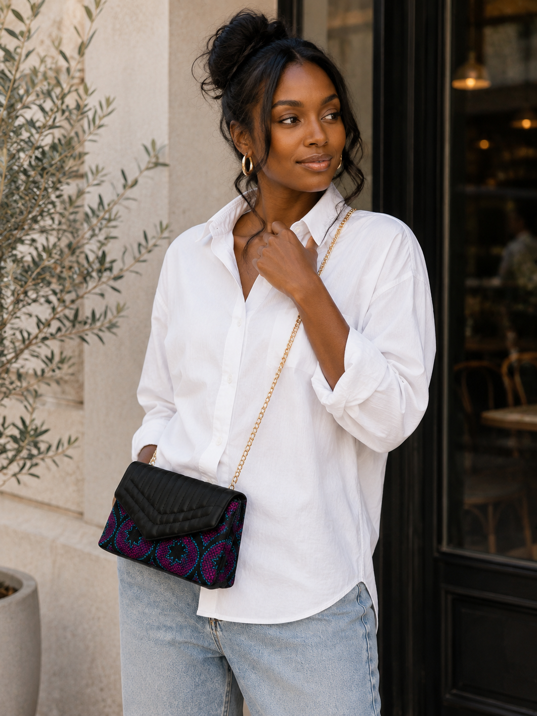 Sac Enveloppe Wax & Cuir Matelassé — Noir & Multicolore