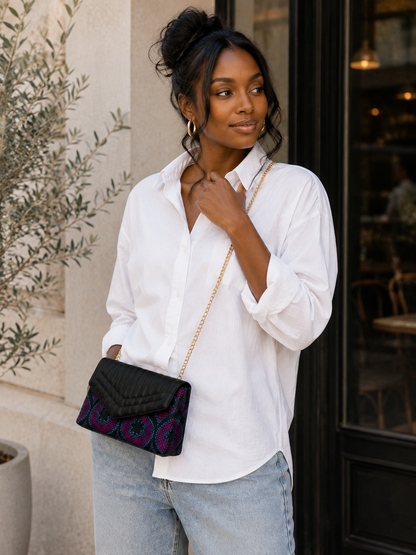 Sac Enveloppe Wax & Cuir Matelassé — Noir & Multicolore