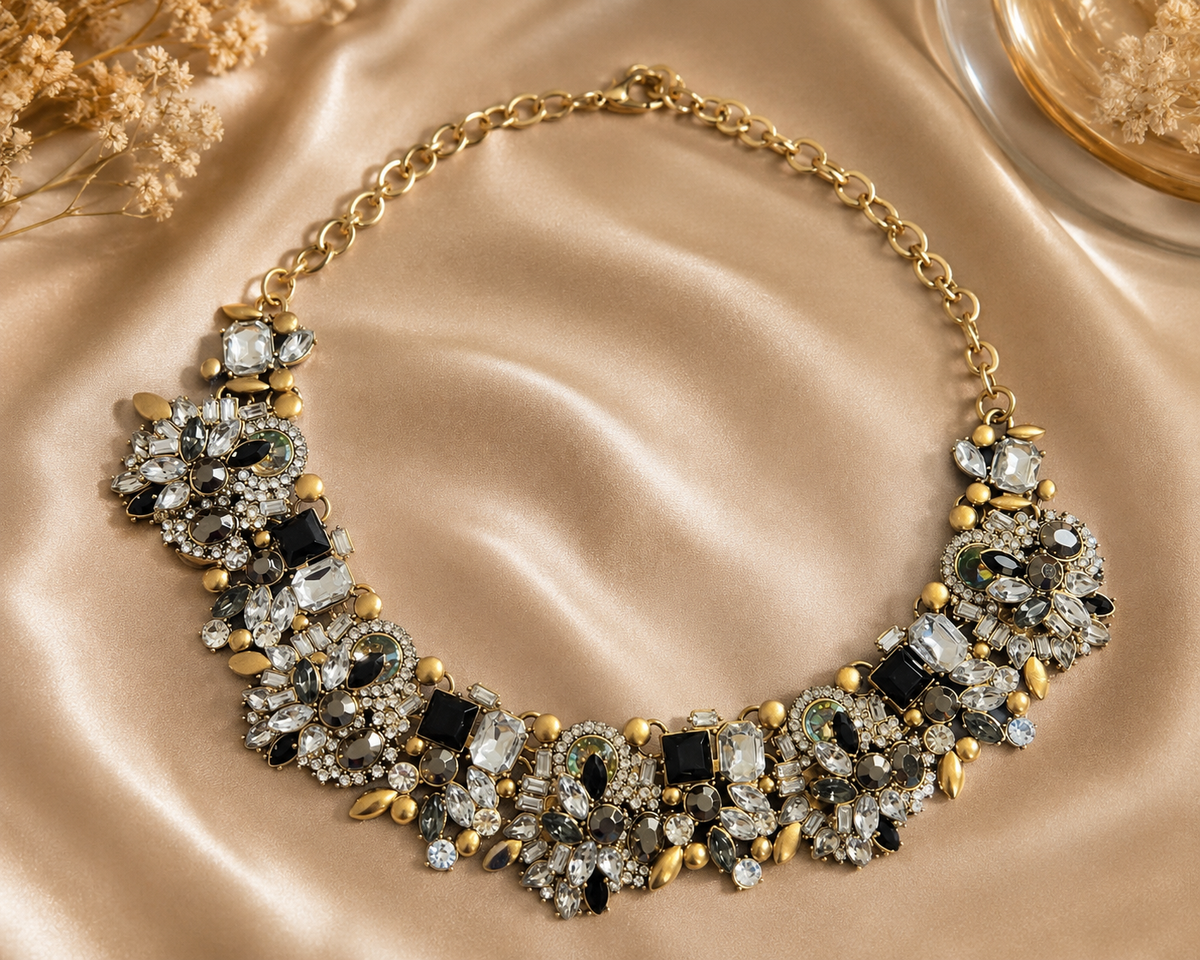 Collier Statement Cristaux — Noir, Blanc & Doré