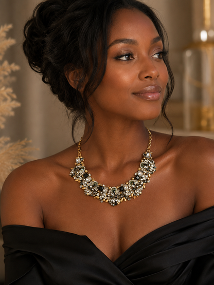 Collier Statement Cristaux — Noir, Blanc & Doré