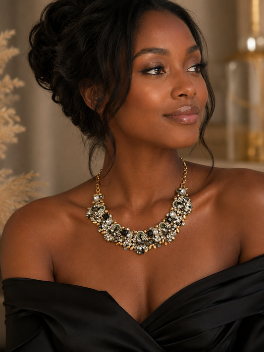 Collier Statement Cristaux — Noir, Blanc & Doré