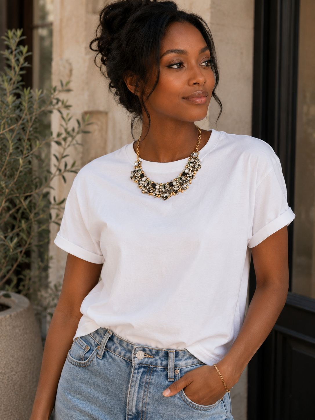 Collier Statement Cristaux — Noir, Blanc & Doré