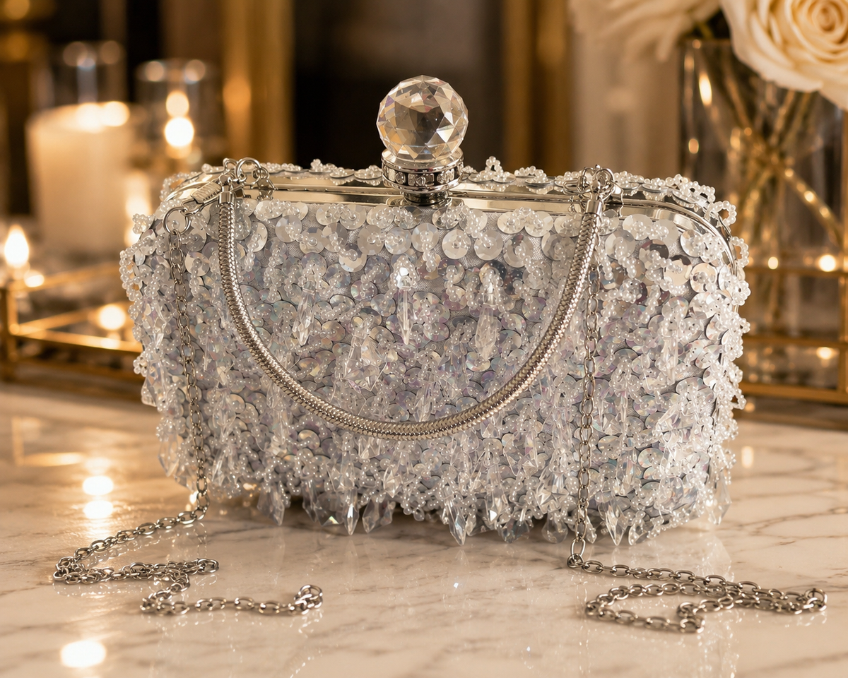 Pochette de Soirée Cristaux & Sequins — Argentée