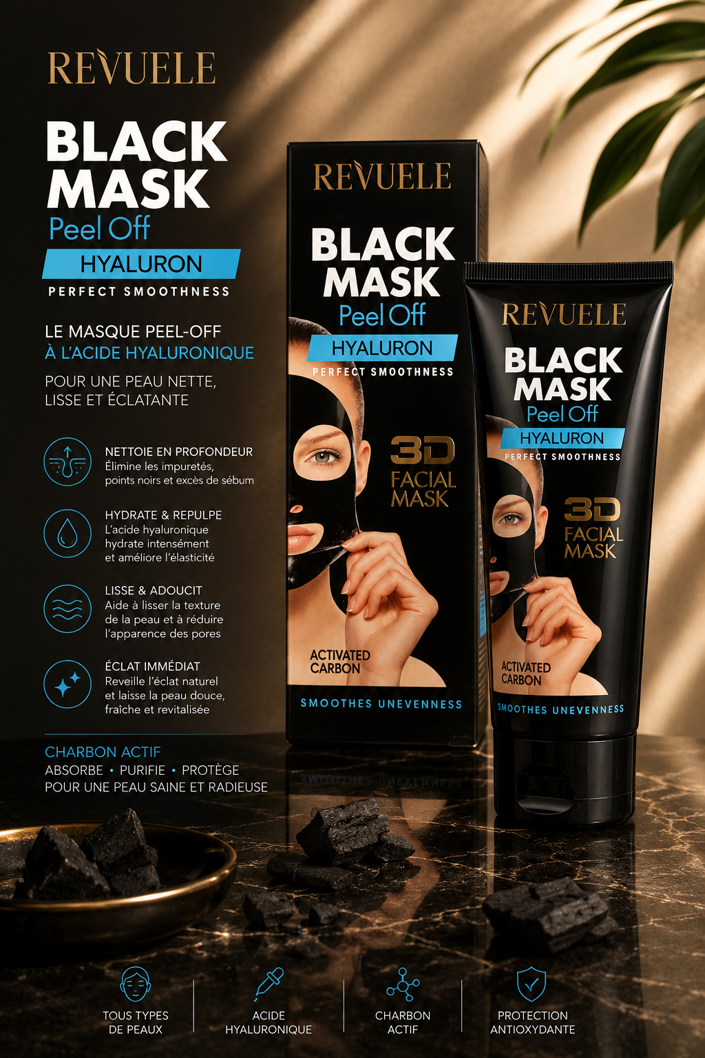 Revuele Black Mask Peel Off Hyaluron – Masque 3D au Charbon Actif