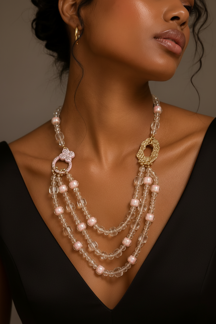 Collier Perles de Verre Rose – Mannequin robe noire