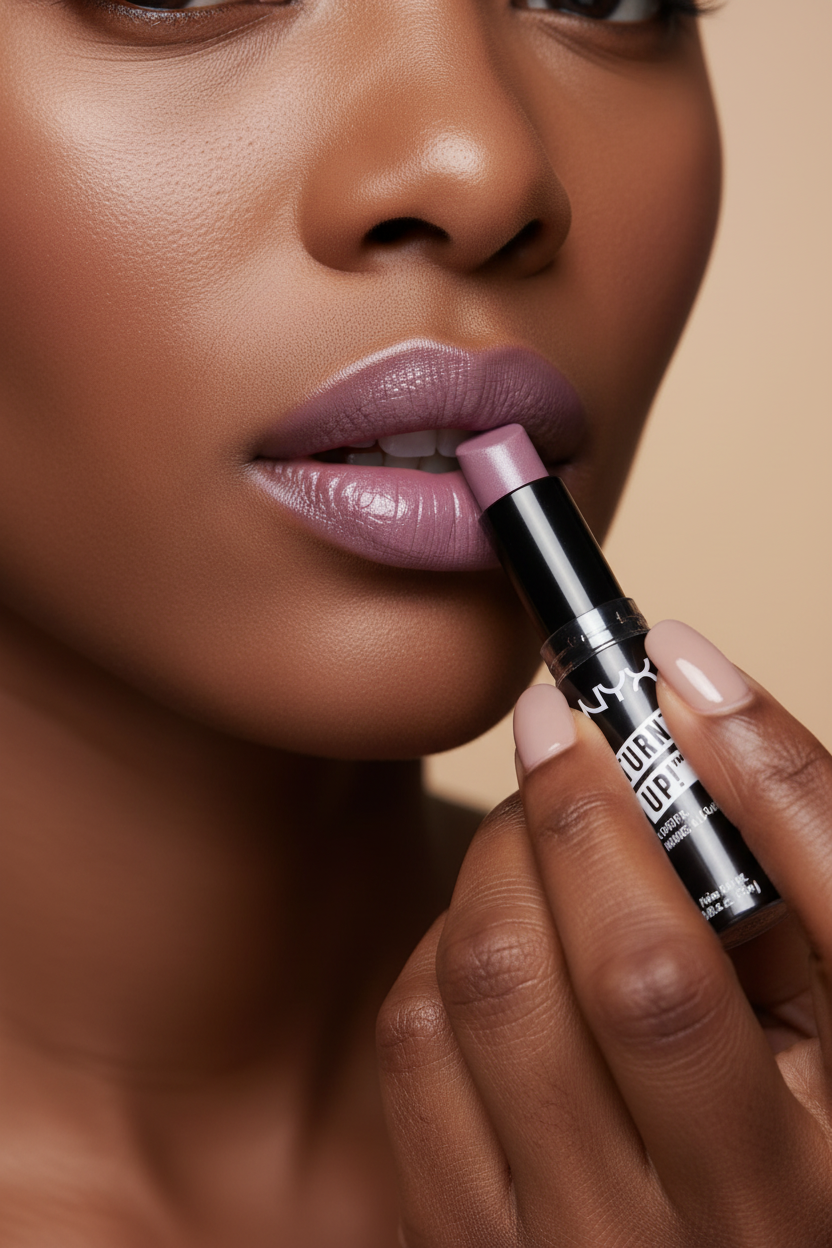 Modèle avec NYX Turnt Up! Lipstick mauve